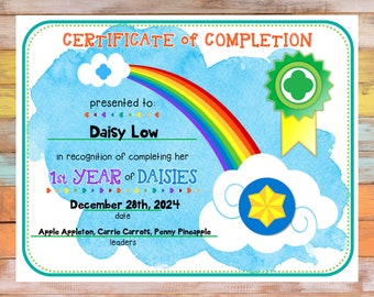 1st Year Daisy Girl Scout Completion Certificate Fillable Edit Customize Template Printable PDF Download