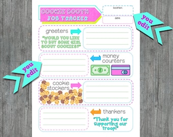 Girl Scout Cookie Booth Jobs Tracker Kaper Chart Editable Printable Template DIGITAL DOWNLOAD
