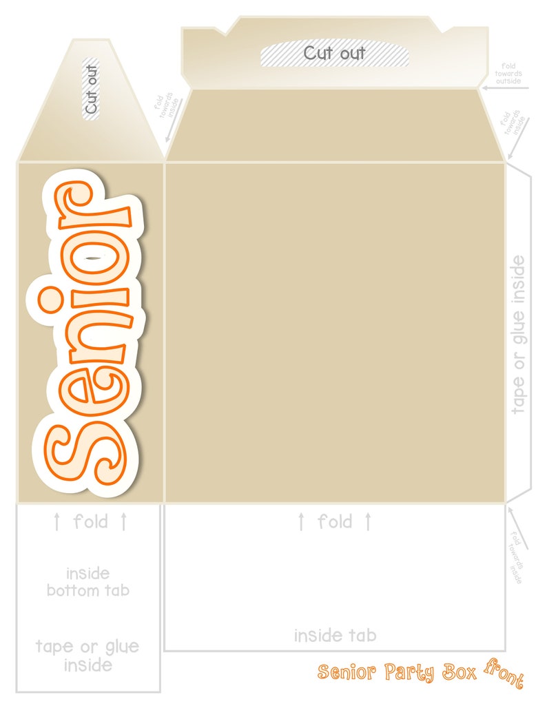 Puede incluir: Plantilla imprimible para una caja de fiesta de graduaci&oacute;n. La caja es beige con un gr&aacute;fico naranja "Senior" en la parte delantera. La plantilla incluye instrucciones para doblar y pegar la caja.