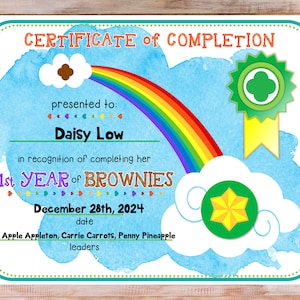 1st Year Brownie Girl Scout Completion Certificate Fillable Edit Customize Template Printable PDF Download