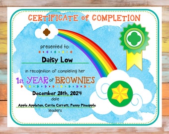 Certificato di completamento del primo anno delle Brownie Girl Scout - Modello compilabile, modificabile e personalizzabile in formato PDF stampabile.