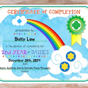 2nd Year Daisy Girl Scout Completion Certificate Fillable Edit Customize Template Printable PDF Download