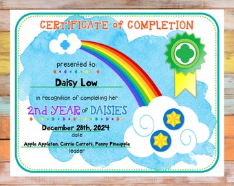 2nd Year Daisy Girl Scout Completion Certificate Fillable Edit Customize Template Printable PDF Download