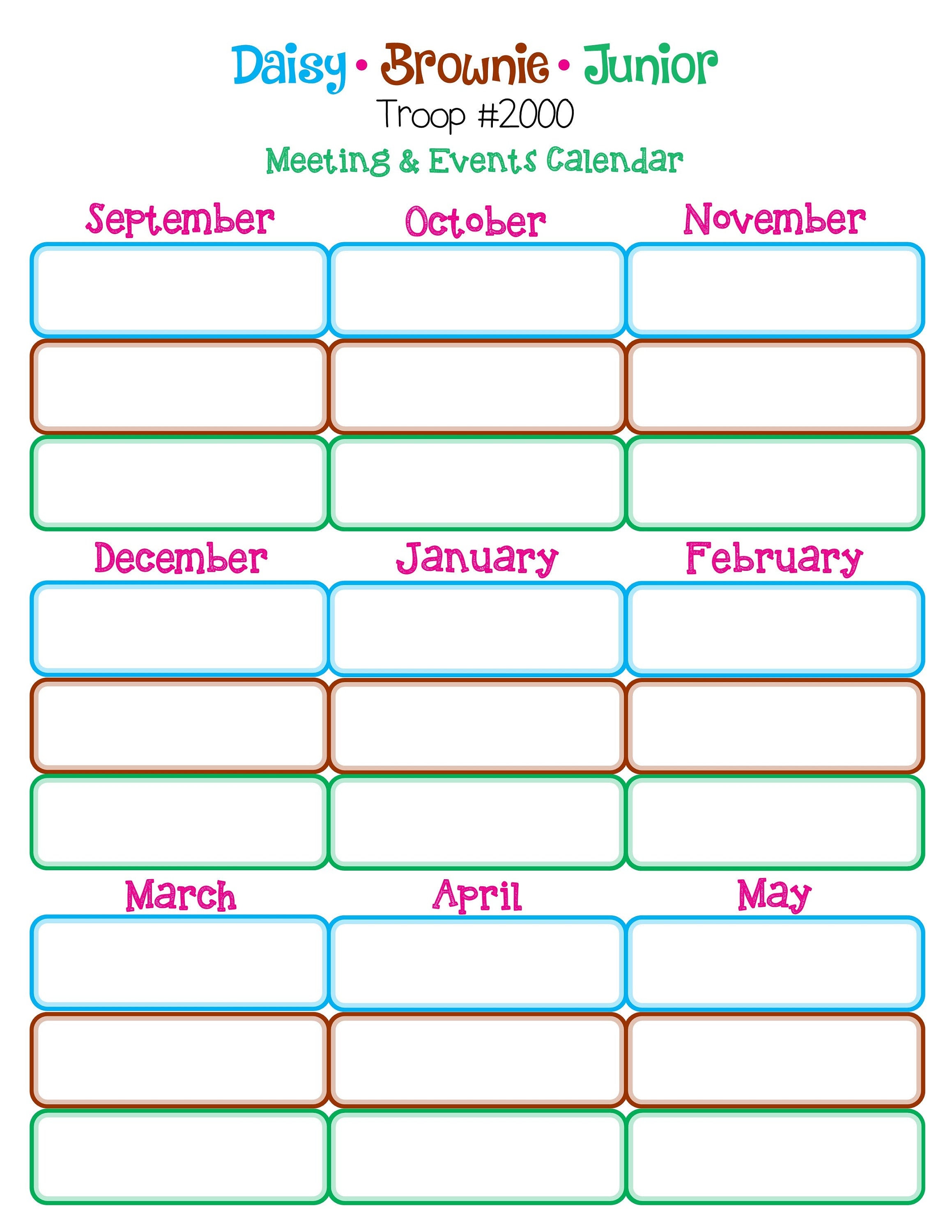 Multi Level Yearly Calendar Daisy/Brownie/Junior Girl Scouts Fillable ...