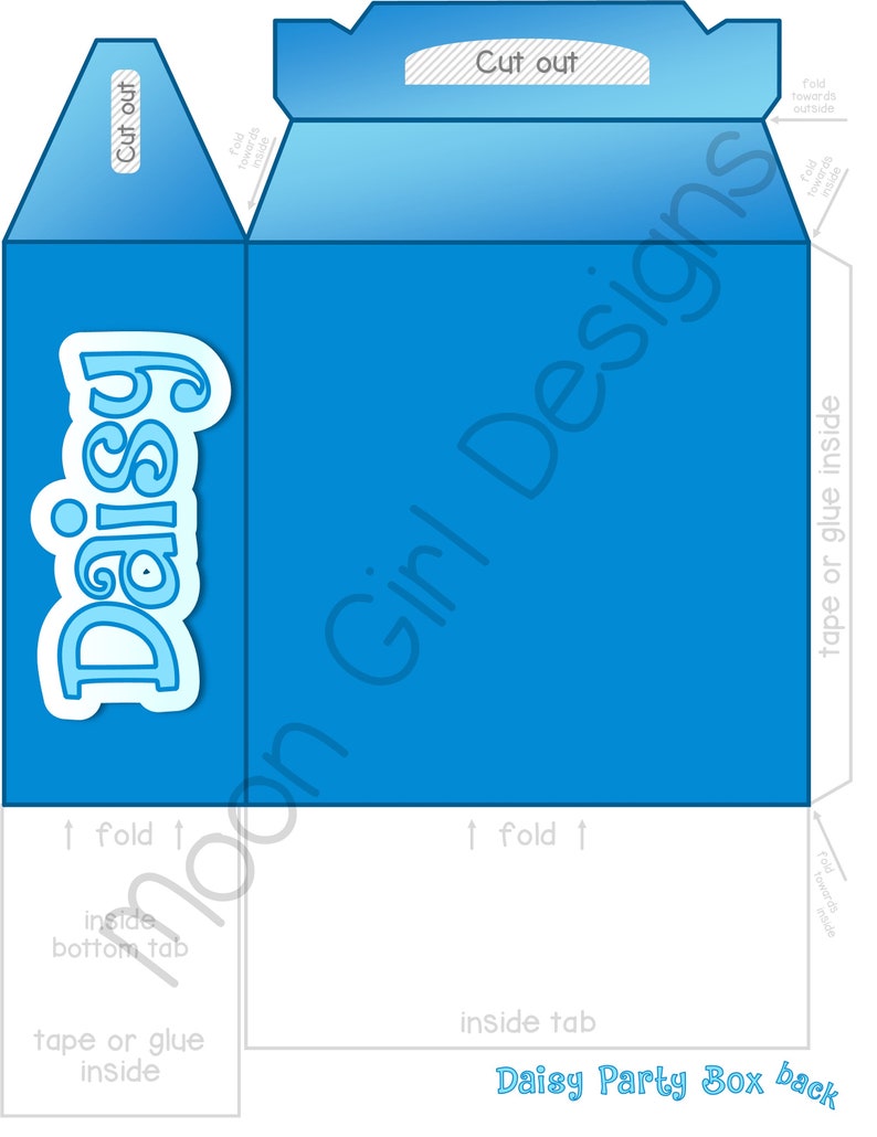 Puede incluir: Una plantilla imprimible para una caja de regalo de fiesta azul con la palabra "Daisy" en un c&iacute;rculo blanco. La plantilla incluye instrucciones para doblar y pegar la caja.
