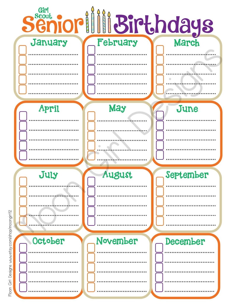 senior birthday calendar girl scouts editable printable pdf etsy