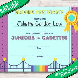 Girl Scout Bridging Certificate: Junior to Cadette, Editable (PDF Download)
