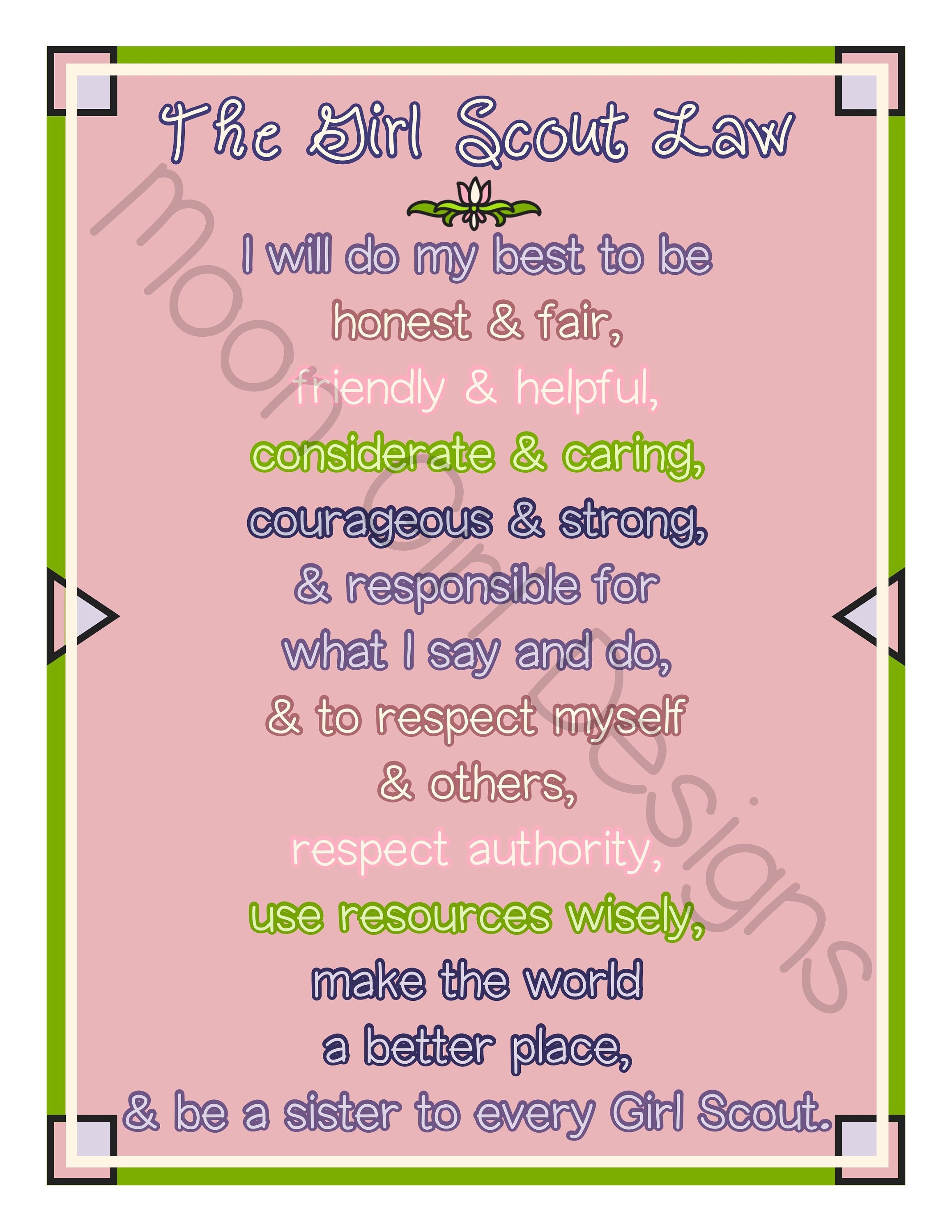 Girl Scout Law Full Page Printable PDF Template Download Gift