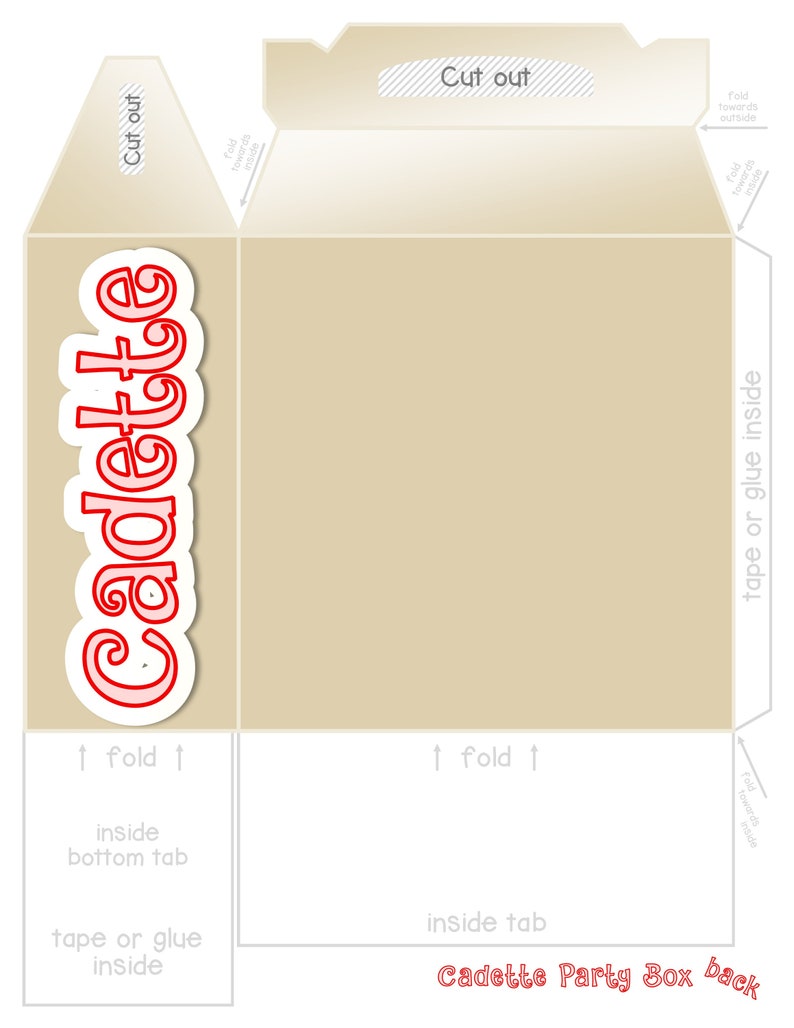 Puede incluir: Una plantilla de caja de papel color beige con la palabra "Cadette" en rojo. El dise&ntilde;o incluye l&iacute;neas de corte y plegado, con instrucciones de montaje. El texto "Cadette Party Box back" est&aacute; en la parte inferior.