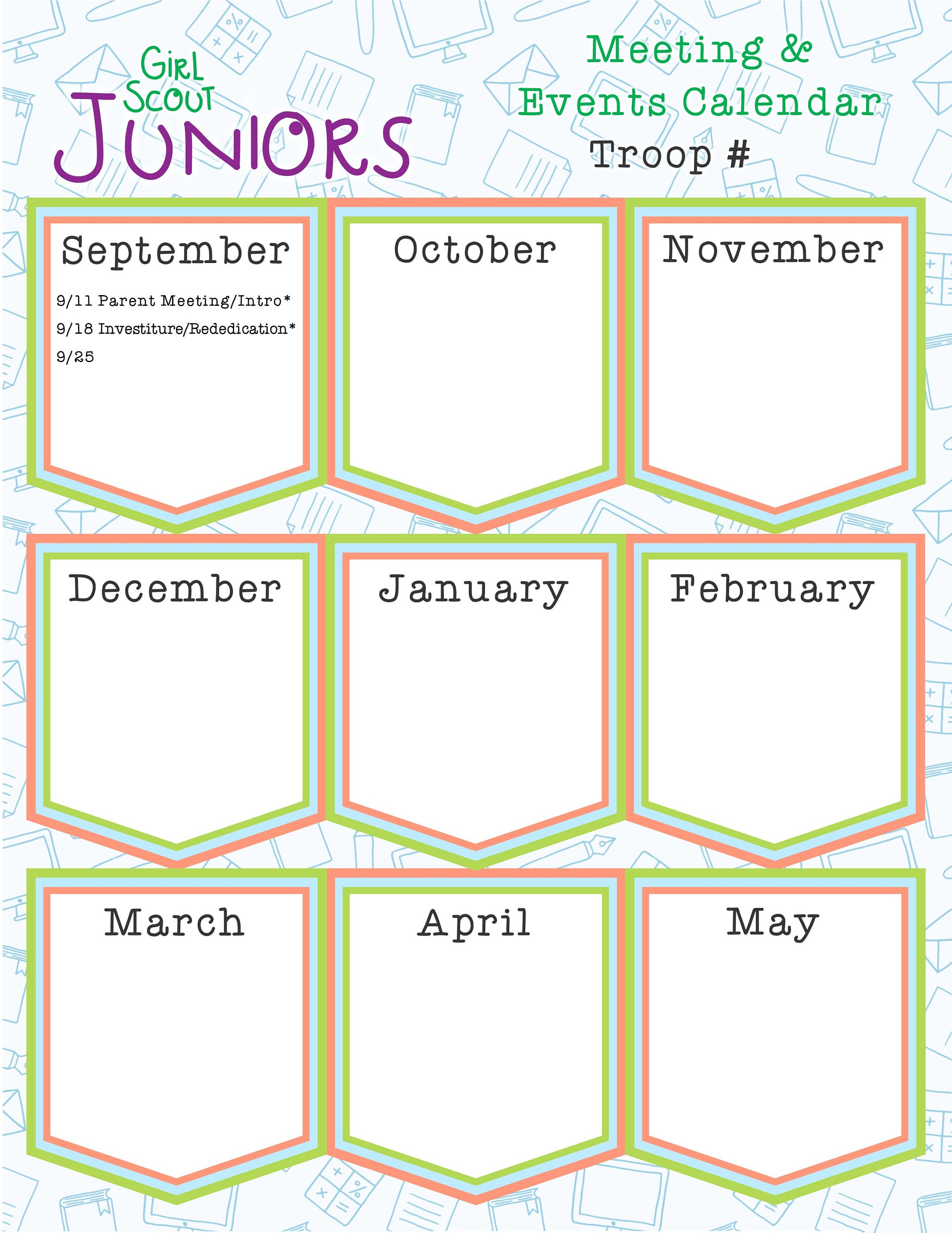 Junior Girl Scout Yearly Troop Calendar Fillable Edit Customize Printable  PDF Template - Etsy