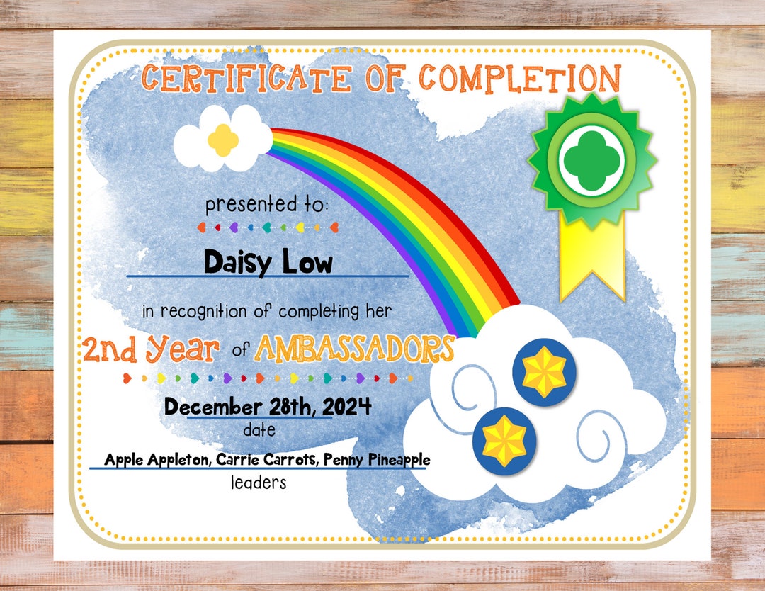 2nd Year Ambassador Girl Scout Completion Certificate Fillable Edit Customize Template Printable ...