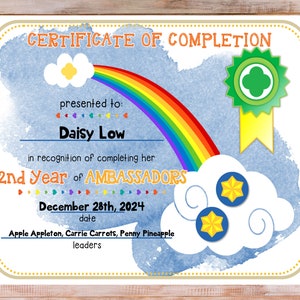 2nd Year Ambassador Girl Scout Completion Certificate Fillable Edit Customize Template Printable PDF Download
