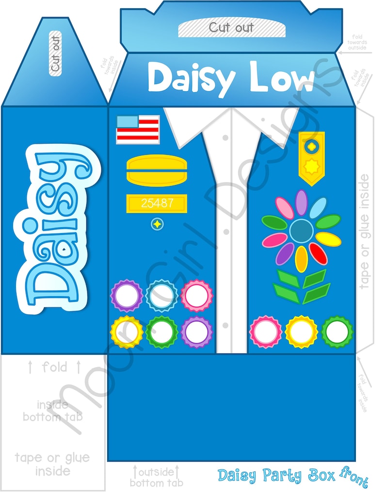 Puede incluir: Una plantilla imprimible para una caja de fiesta azul y blanca para las Girl Scouts Daisy. La caja presenta un uniforme de Girl Scout con una flor de margarita, una insignia y el texto "Daisy Low".