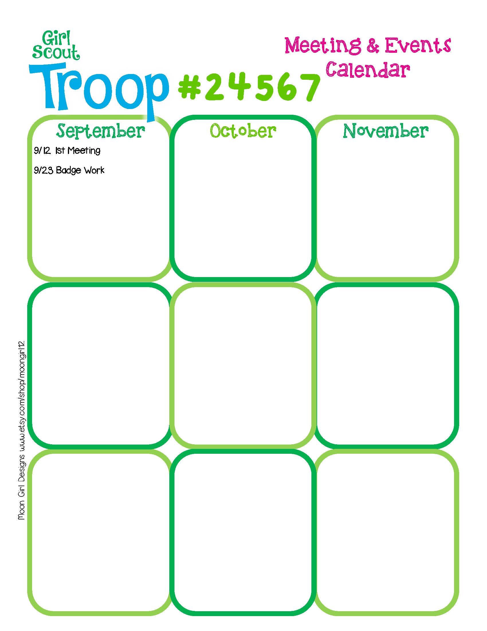 Troop Girl Scout Yearly Calendar Troop Fillable Edit Customize Printable PDF Template - Etsy