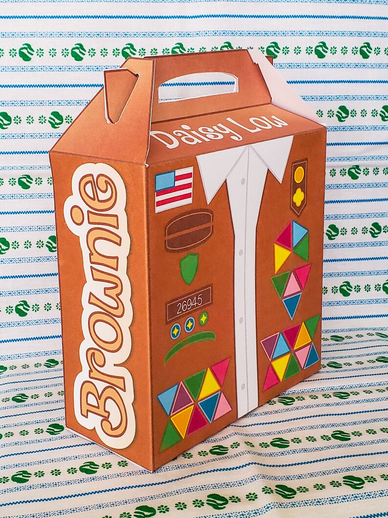 May include: A brown cardboard box with a handle, decorated with a Girl Scout uniform design. The box has the words "Brownie" and "Daisy Lou" printed on it.