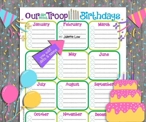 Troop Birthday Calendar Girl Scouts Fillable Customize Edit Printable PDF  Template - Etsy