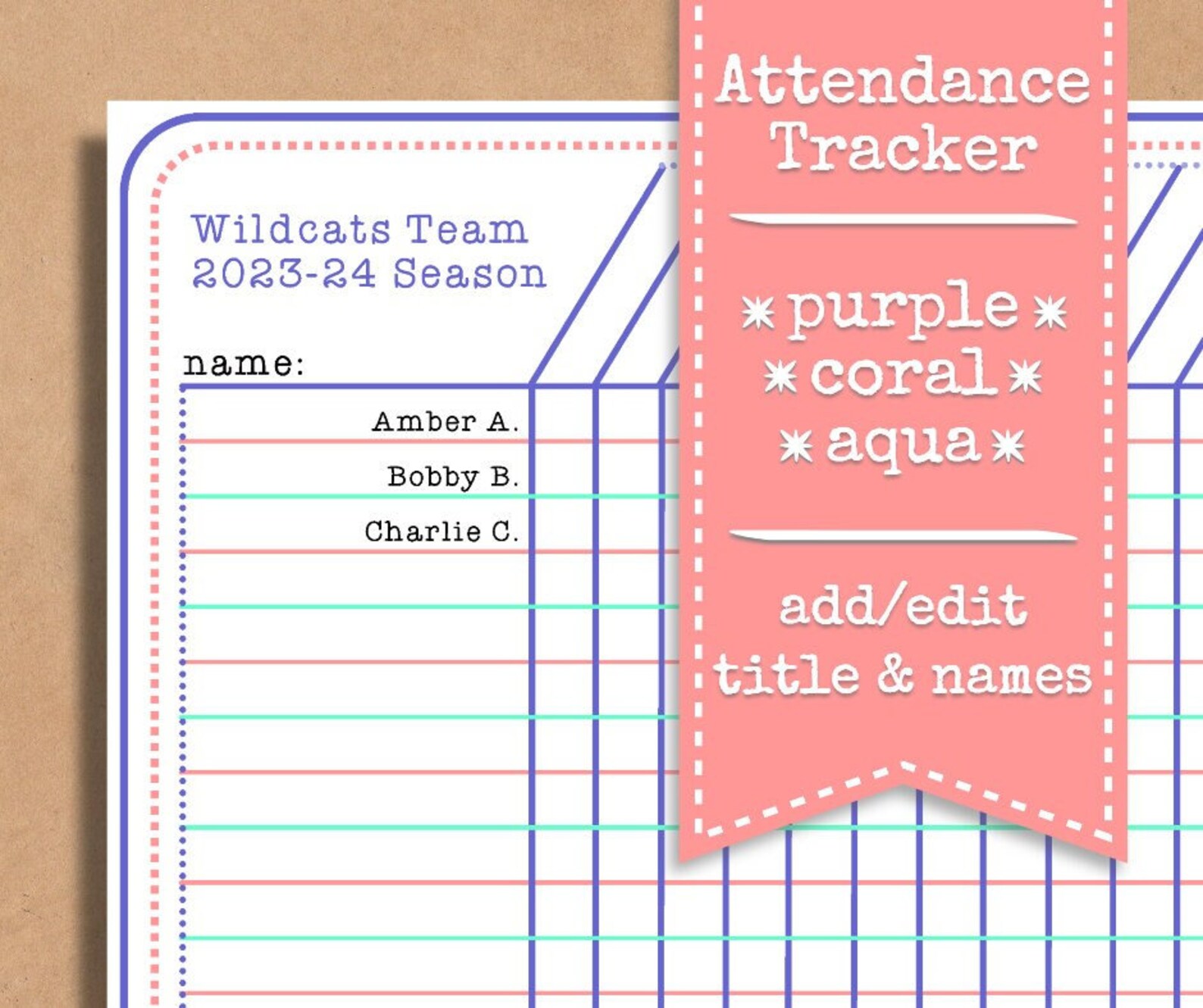 Blank *purple Coral Aqua* Meeting Activity Attendance Roster Tracker ...