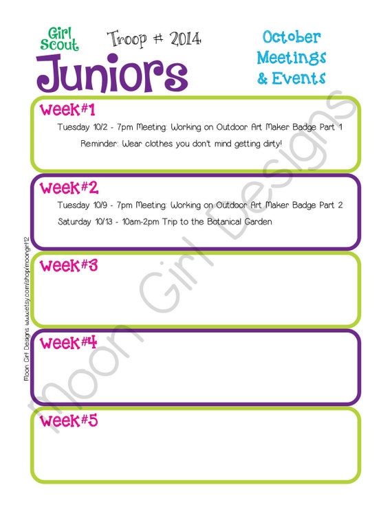 Junior Monthly Activity Calendar Girl Scouts Editable Etsy