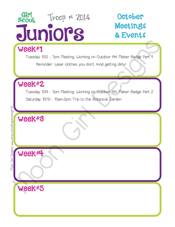 Junior Monthly Activity Calendar Girl Scouts Editable Etsy