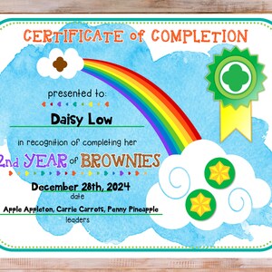 Brownie Girl Scout 2nd Year Completion Certificate (Fillable PDF)
