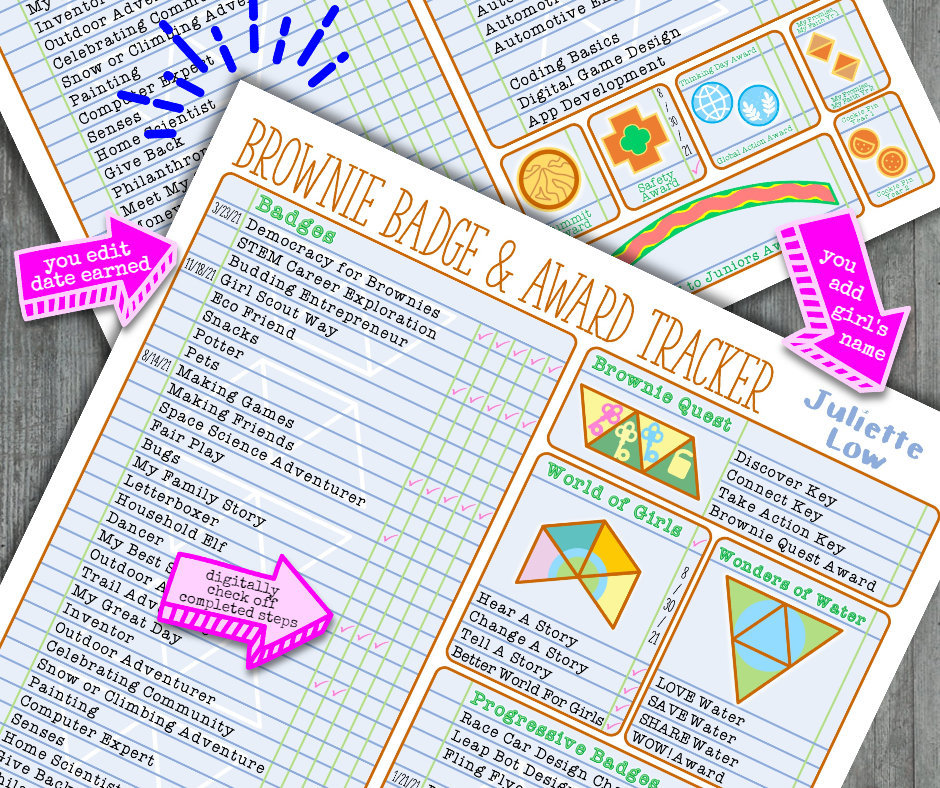 Brownie Girl Scout Badge Award Tracker Checklist Chart Fillable Edit Printable pdf Download