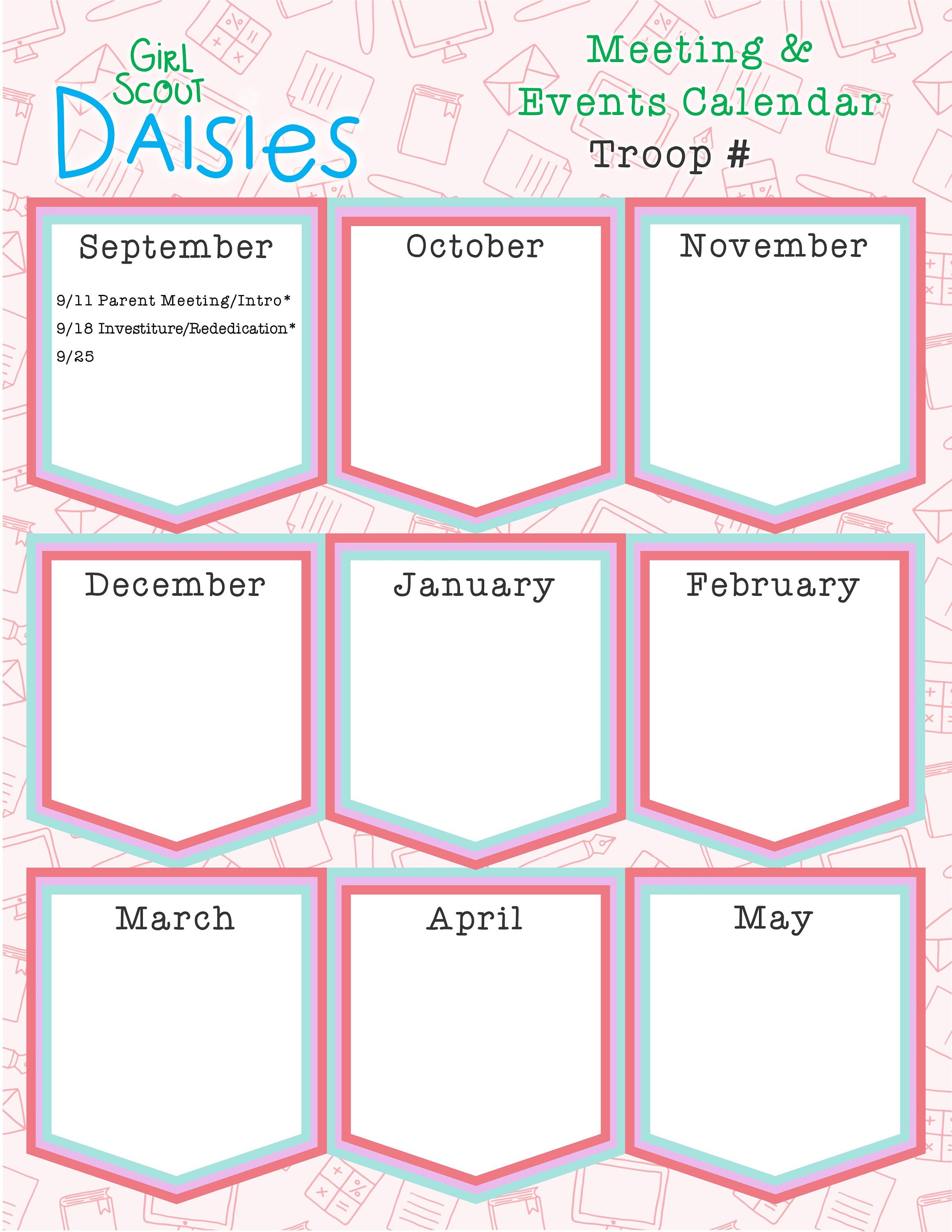 Daisy Girl Scout Yearly Calendar Troop Fillable Edit Customize Printable  PDF Template - Etsy