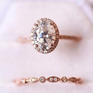 Oval Moissanite Engagement Ring Set, 14K Solid Gold Ring, Halo Oval Wedding Bridal Ring Set, Unique East West Art Deco Band Anniversary Gift