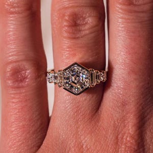 2 CT Hexagon Cut Moissanite Engagement Ring Anniversary Gift For Her Gold with Baguette Cut Side Stone Bezel Setting Gold Ring for Women