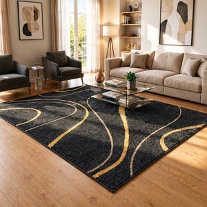 Puede incluir: Una alfombra rectangular con una base de color gris carbón profundo y una textura de pelo largo. La alfombra está decorada con líneas curvas y fluidas en tonos dorado metálico y beige claro que crean un patrón abstracto sobre la superficie.