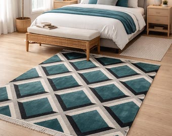 Teal Area Rug 2x3 Modern Geometric Diamond Pattern Rug, Handmade Wool Bedroom Living Room Carpet, Large Contemporary Floor Rug, Custom Size