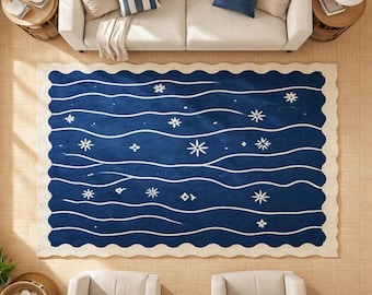 Hand Tufted Navy Blue Rug, Ivory Wavy Pattern Wool Carpet, Scandinavian Modern Living Room Decor, Handmade Area Rug