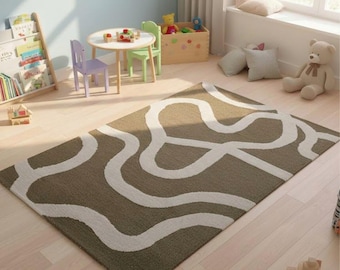 Hand Tufted Wool Area Rug, Modern Abstract Rug, Minimalist Wavy Design Carpet, Soft Plush Living Room Bedroom Floor Decor
