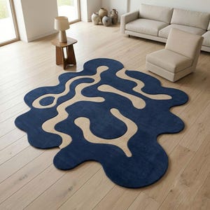 Modern Abstract Wool Rug, Navy Blue Beige Irregular Area Carpet, Handmade Organic Shape Rug, Luxury Living Room Bedroom Decor