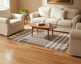 Natural Jute Area Rug, Handwoven Geometric Boho Rug, Farmhouse Earth Tone Floor Mat, Eco Friendly Living Room Rug