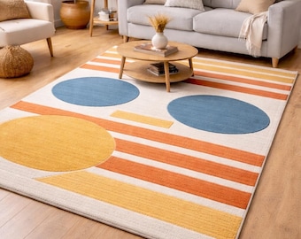 Mid Century Modern Geometric Rug, Abstract Circle Pattern Area Rug, Colorful Scandinavian Living Room Carpet, Handmade Wool Floor Rug