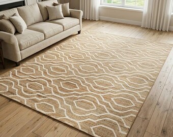 Handmade Natural Jute Rug, Geometric Boho Area Rug, Neutral Tan White Farmhouse Carpet, Modern Living Room Bedroom Rug
