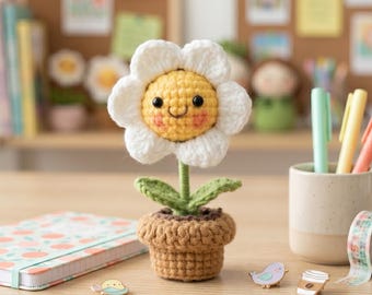 Mini Sunflower Pot Crochet PDF Pattern - Step by step Crochet Flower Pot Home Decor, Eay Crochet Gift for Mom, Cute Crochet Amigurumi