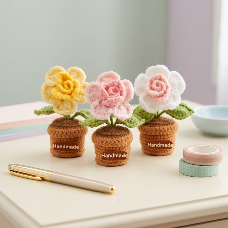 May include: Three handmade crochet flowers in small brown pots. The flowers are yellow, pink, and white, with green leaves. Each pot has a "Handmade" label. A gold pen and decorative tape rolls are also visible.