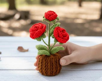 Crochet Mini Rose Flower Pot Pattern – Cute Amigurumi Rose PDF Tutorial, Small Crochet Plant Decor, Easy Flower Pattern for Beginners