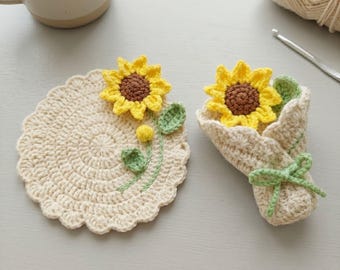 Sunflower Coaster & Mini Bouquet Crochet Pattern - Cute Crochet Floral Coaster Decor, Easy Handmade Gift Tutorial, Beginner Friendly Crochet