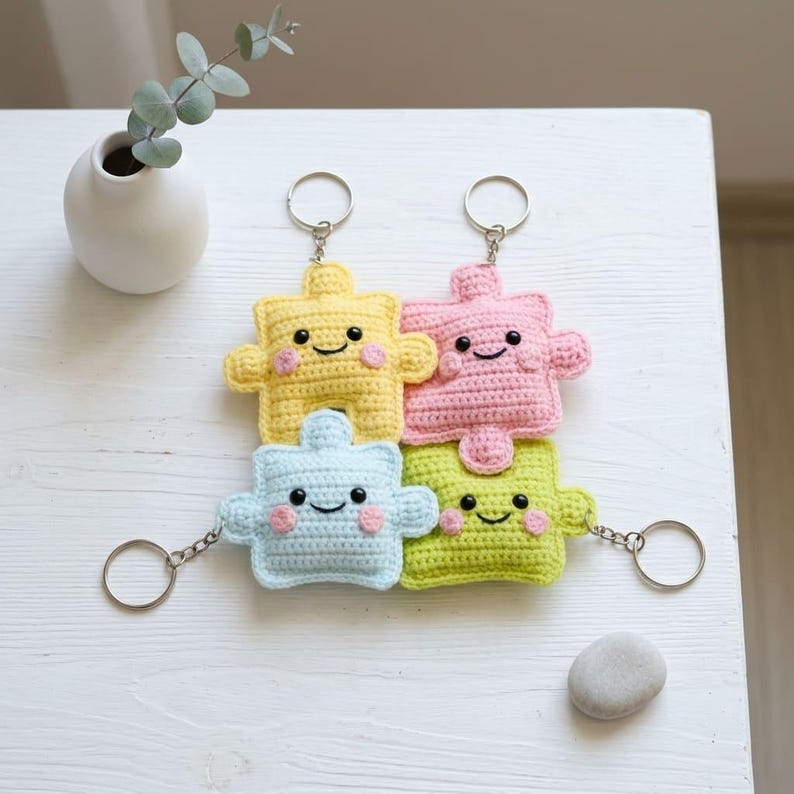 May include: Four colorful crochet puzzle piece keychains in yellow, pink, light blue, and green, each with a smiling face and attached to a silver keyring. The keychains are stacked on a white surface.