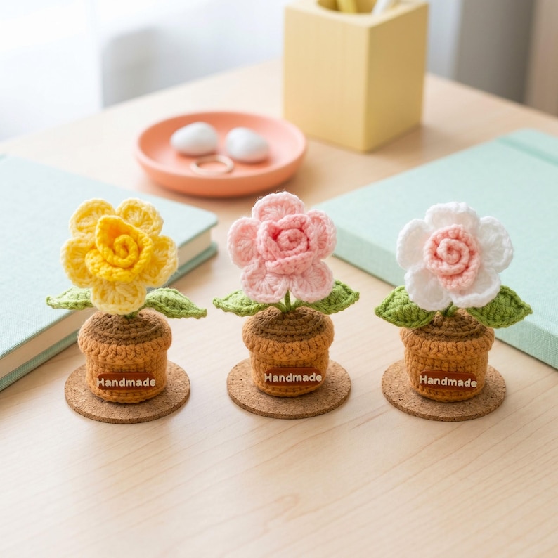 May include: Three handmade crochet flowers in yellow, pink, and white, each in a brown pot with green leaves. The pots sit on cork coasters, and each has a "Handmade" label. The flowers are on a light-colored wooden surface.