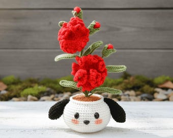 Crochet Carnation Flower Puppy Pot Pattern – Cute Amigurumi Dog Plant Pot PDF Tutorial, Flower Crochet Pattern for Home Decor & Gift