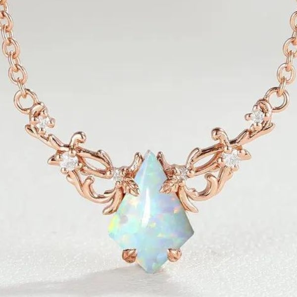 Natural Opal gemstone kite cut 14k rose gold pendant for women Dainty Celestial tree leaves shape pendant best christmas gift for her