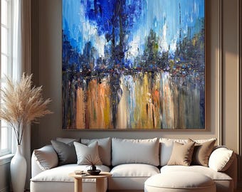 Pintura abstracta de paisaje urbano sobre lienzo, arte mural moderno con textura azul, obra de arte acrílico de reflexión urbana contemporánea