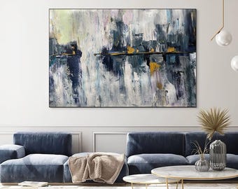 Pintura moderna sobre lienzo, arte azul contemporáneo, arte de pared para dormitorio, obra de arte estilo parche azul, pintura abstracta texturizada