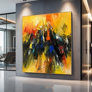 Lebendiges abstraktes Gemälde auf Leinwand, großes modernes Wandbild mit gelben, roten und blauen Akzenten, strukturiertes Acrylgemälde