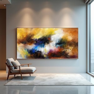 Bunte abstrakte Malerei auf Leinwand, große moderne Wandkunst, strukturiertes Acryl Kunstwerk mit Goldenen, Blauen & Rosa Tönen