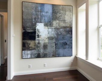 Pintura geométrica abstracta, arte mural minimalista moderno en tonos grises, azules y neutros, lienzo texturizado contemporáneo.