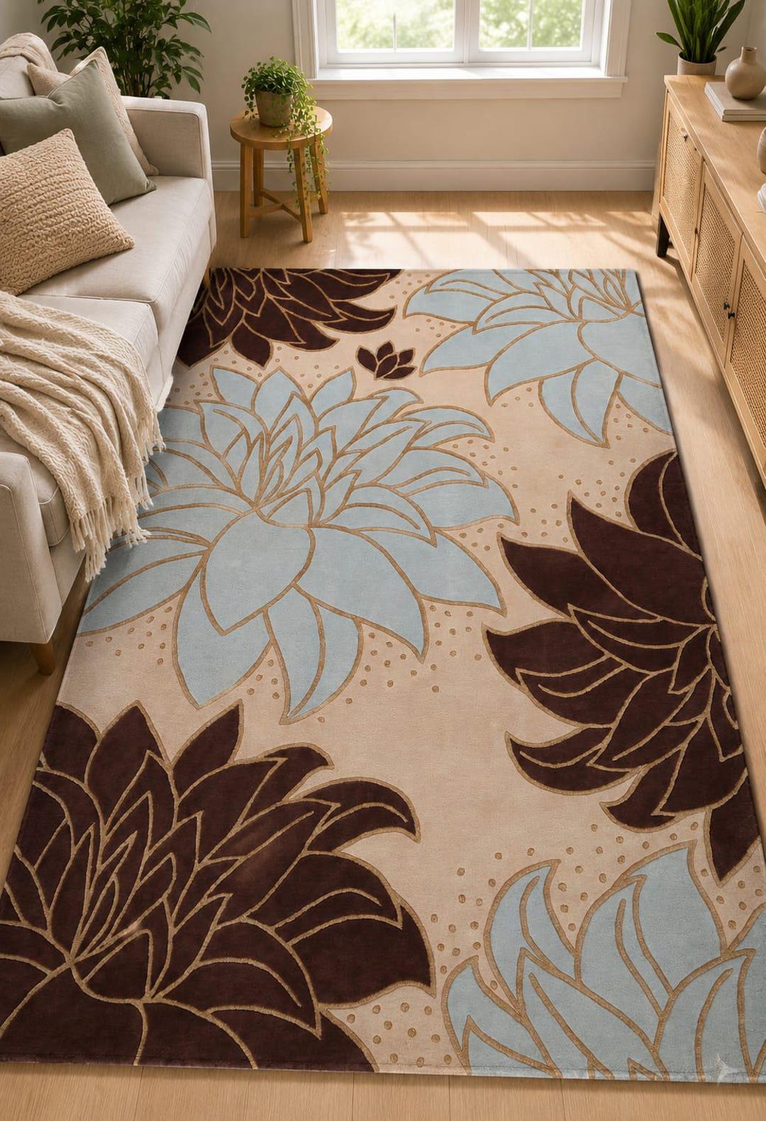 Modern Floral Hand Tufted Rug – Large Lotus Flower Wool Area Rug in ...